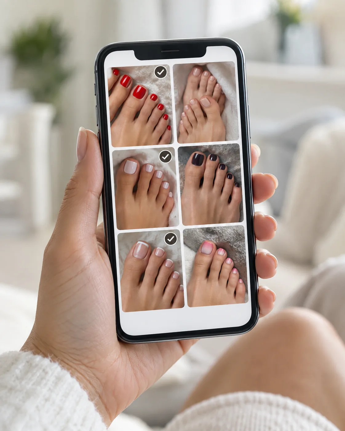 Смартфон в руке с сеткой фотографий педикюра разных цветов, часть вариантов отмечена для коллажа