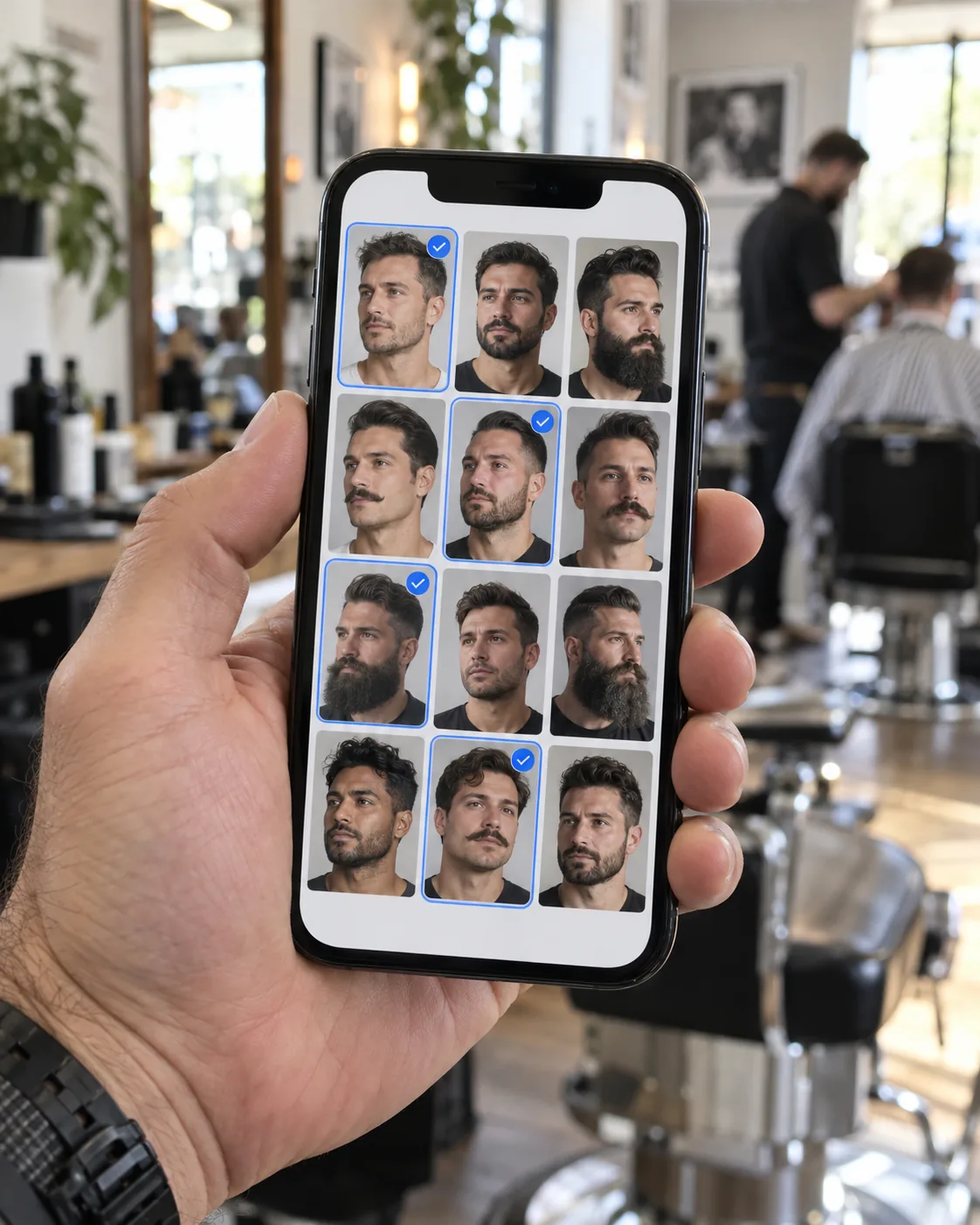Смартфон в руке с сеткой фотографий мужских бород и усов, часть вариантов отмечена для коллажа