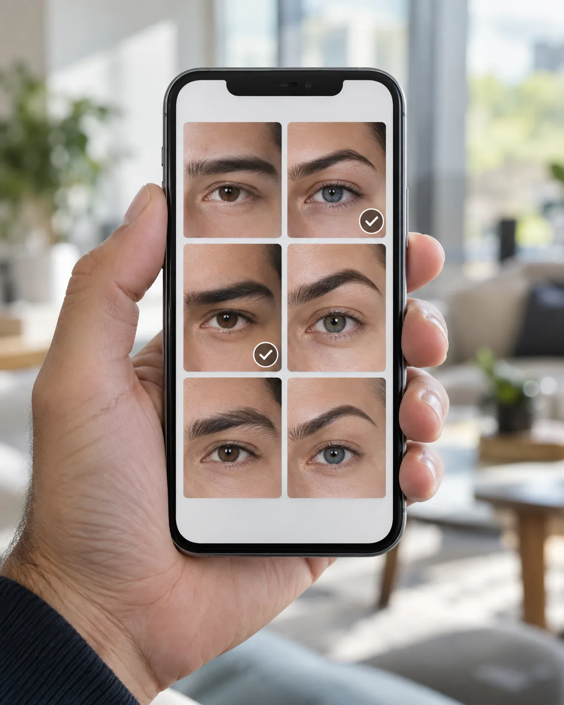 Смартфон в мужской руке с сеткой фотографий бровей разной формы, часть вариантов отмечена галочками