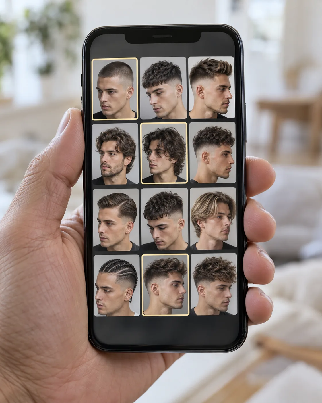 Смартфон в мужской руке с сеткой фотографий мужских стрижек, часть вариантов отмечена для коллажа