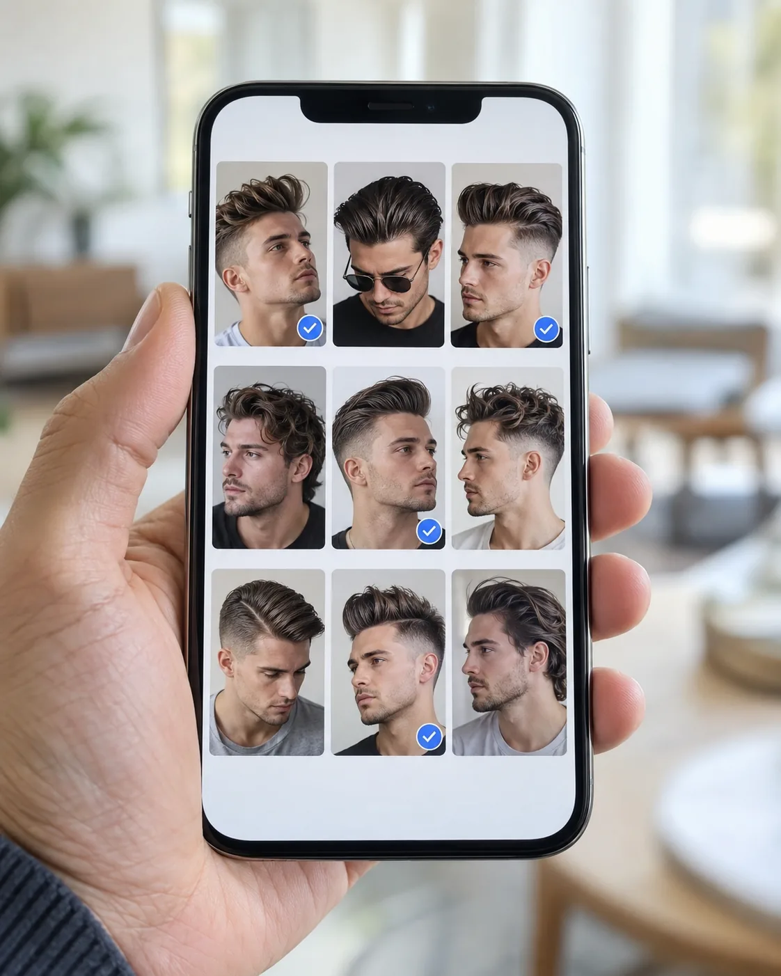 Смартфон в руке с сеткой фотографий мужских укладок, часть вариантов отмечена для коллажа