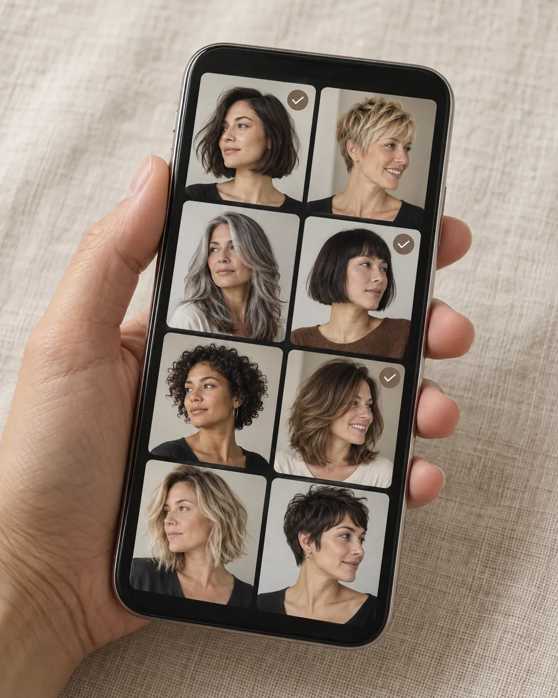Смартфон в руке с сеткой фотографий женских стрижек, часть вариантов отмечена для коллажа