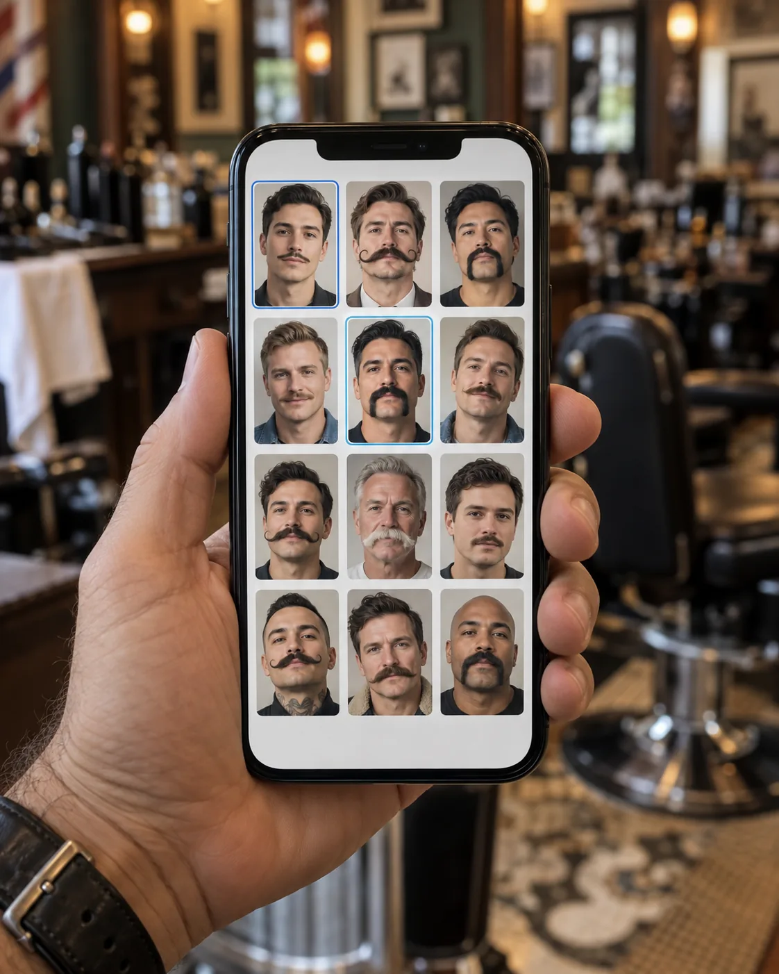 Смартфон в руке с сеткой фотографий мужчин с разными формами усов, часть карточек отмечена