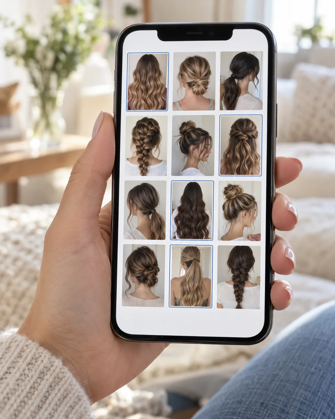 Смартфон в руке с сеткой фотографий женских укладок — волн, пучков, кос и хвостов, часть карточек отмечена для коллажа